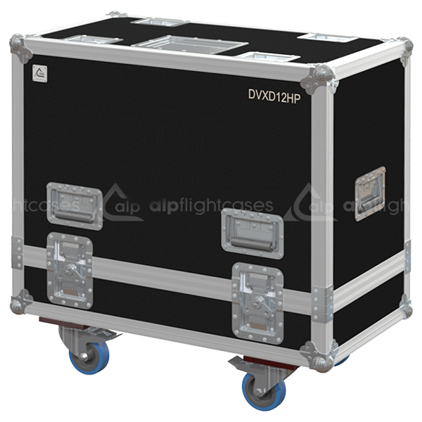 Front view of the professional twin touring flight case for 2x dB Technologies DVX D12 HP active speakers by ALP Flight Cases