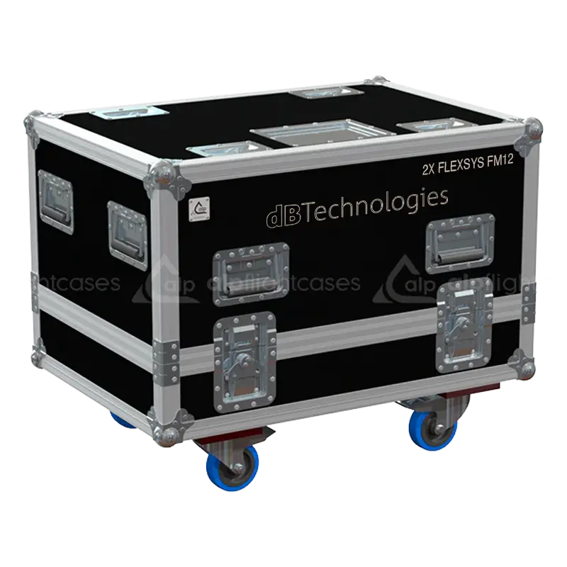 Front view of the professional flight case for 2x dBTechnologies Flexys FMX12 monitors by ALP Flight Cases