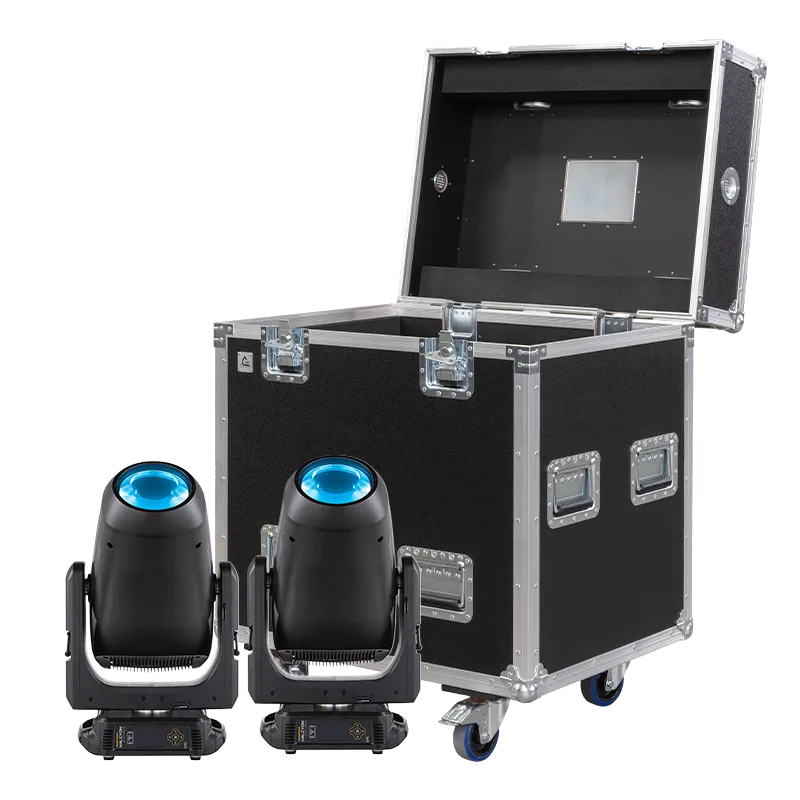 ETC Halcyon Platinum fixtures displayed next to their custom twin professional touring road case