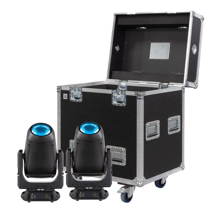 ETC Halcyon Platinum fixtures displayed next to their custom twin professional touring road case