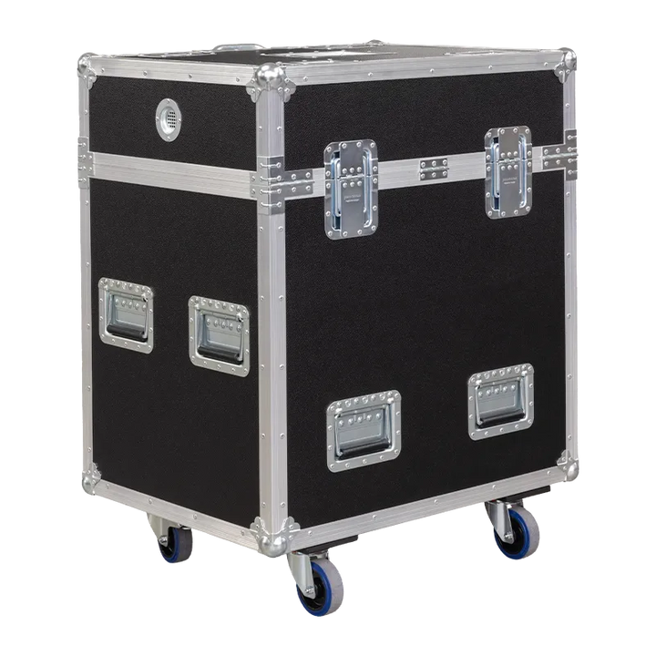 Rear view of the road case for ETC Halcyon Platinum showing heavy-duty hardware and 10mm birch plywood
