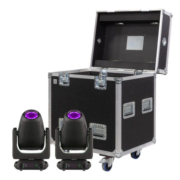 ETC Halcyon Titanium units displayed next to their custom twin professional touring road case