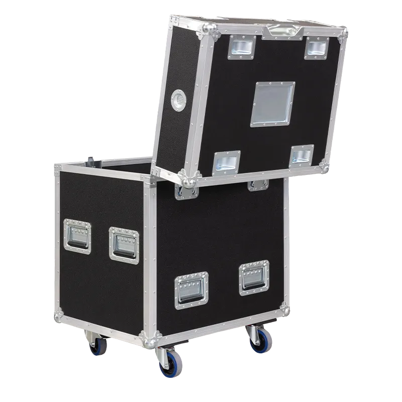 Rear view of the road case for ETC Halcyon Titanium showing heavy-duty hardware and 10mm birch plywood open