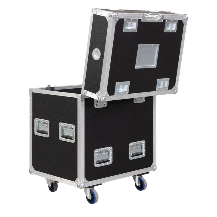 Rear view of the road case for ETC Halcyon Titanium showing heavy-duty hardware and 10mm birch plywood open