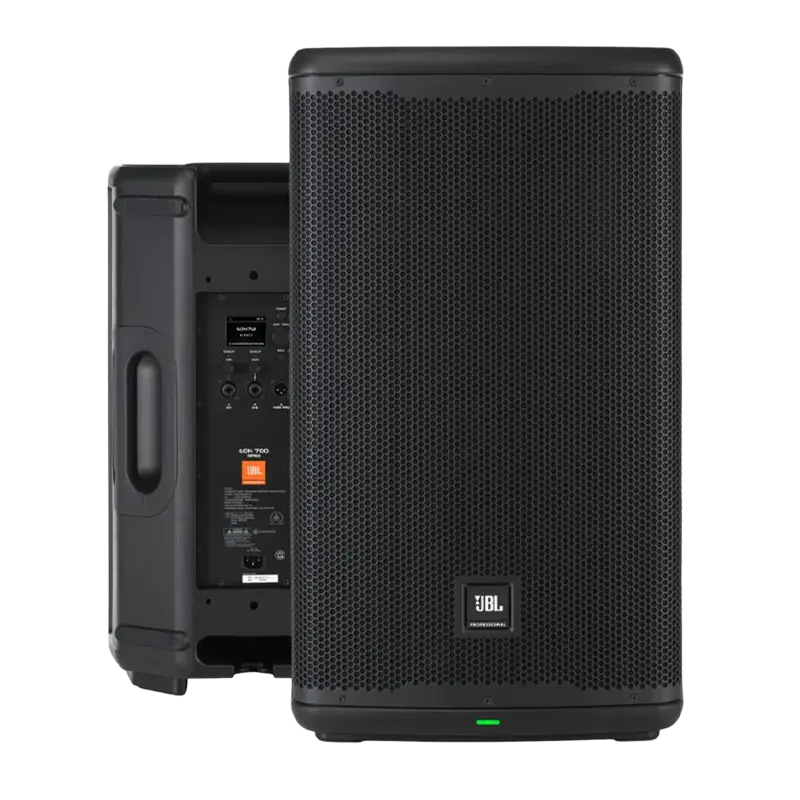 Flight case open showing two JBL EON 712 speakers securely nested in custom CNC foam inserts