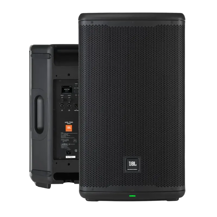 Flight case open showing two JBL EON 712 speakers securely nested in custom CNC foam inserts