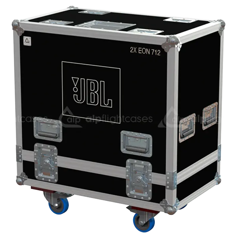 Front view of the professional flight case for 2x JBL EON 712 speakers by ALP Flight Cases