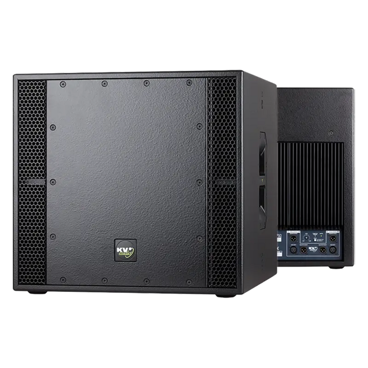 Flight case open showing two KV2 Audio EX1.5 subwoofers securely nested in custom high-density foam