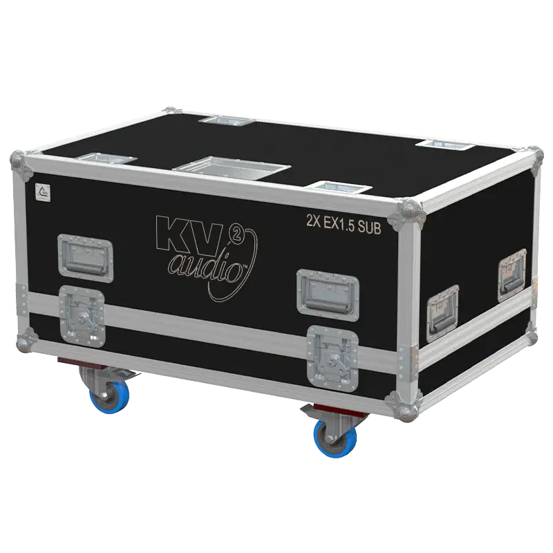 Front view of the professional flight case for 2x KV2 Audio EX1.5 subwoofers by ALP Flight Cases