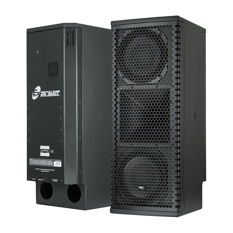 Flight case open showing two KV2 Audio EX26 speakers securely nested in custom high-density CNC foam