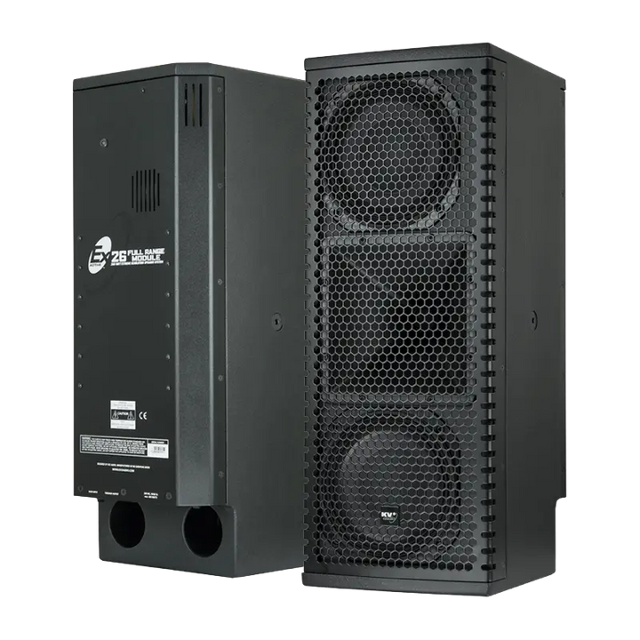 Flight case open showing two KV2 Audio EX26 speakers securely nested in custom high-density CNC foam