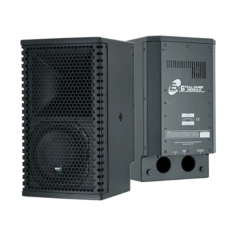 Flight case open showing two KV2 Audio EX6 speakers securely nested in custom high-density CNC foam