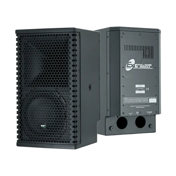 Flight case open showing two KV2 Audio EX6 speakers securely nested in custom high-density CNC foam