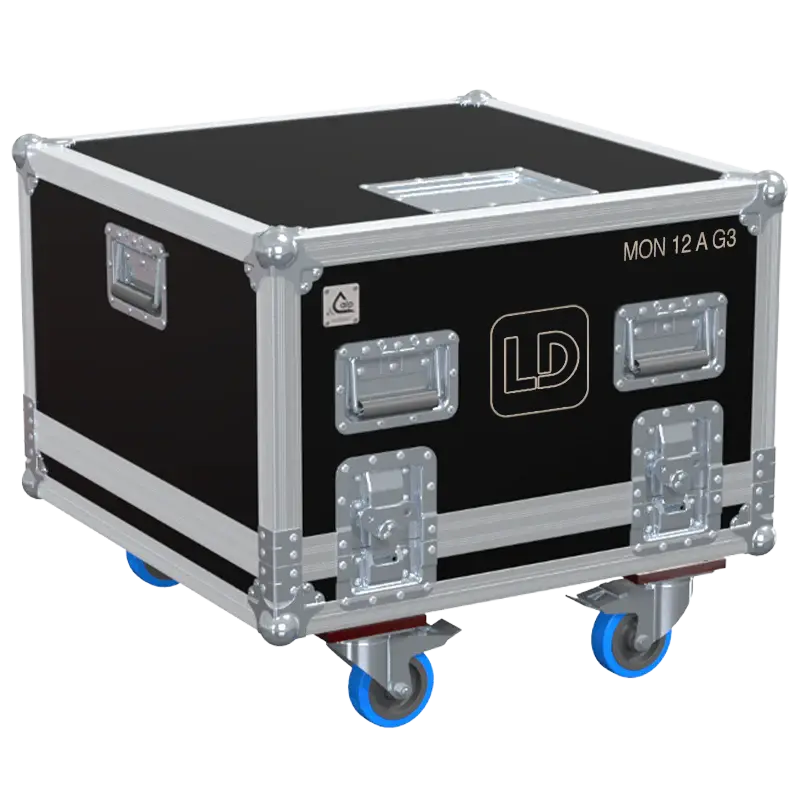 Front view of the professional flight case for 2x LD Systems MON 12 A G3 stage monitors by ALP Flight Cases