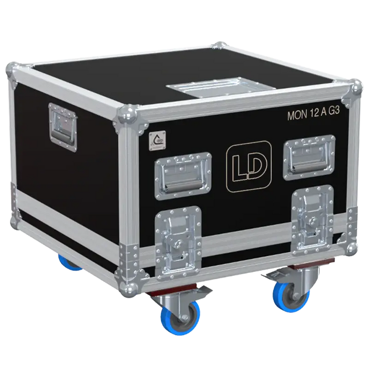 Front view of the professional flight case for 2x LD Systems MON 12 A G3 stage monitors by ALP Flight Cases
