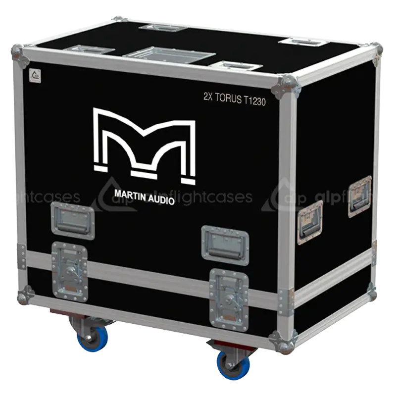 Front view of the professional flight case for 2x Martin Audio Torus T1230 speakers by ALP Flight Cases