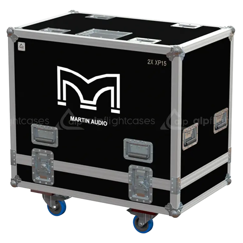 Front view of the professional flight case for 2x Martin Audio XP15 powered speakers by ALP Flight Cases