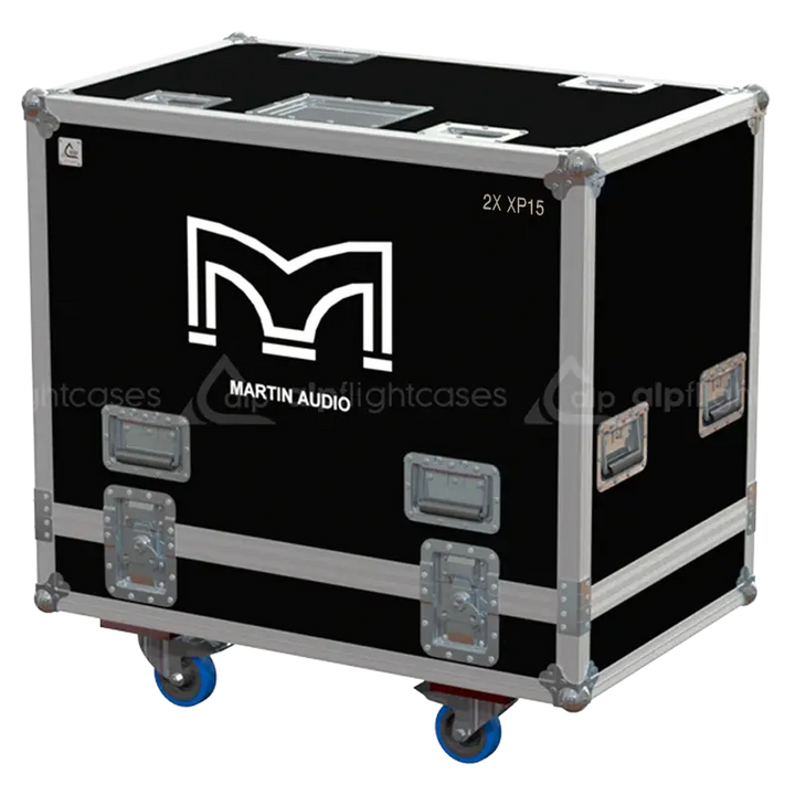 Front view of the professional flight case for 2x Martin Audio XP15 powered speakers by ALP Flight Cases