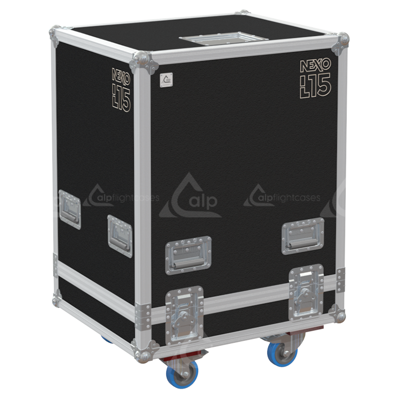 Front view of the professional twin touring flight case for 2x NEXO L15 subwoofers by ALP Flight Cases