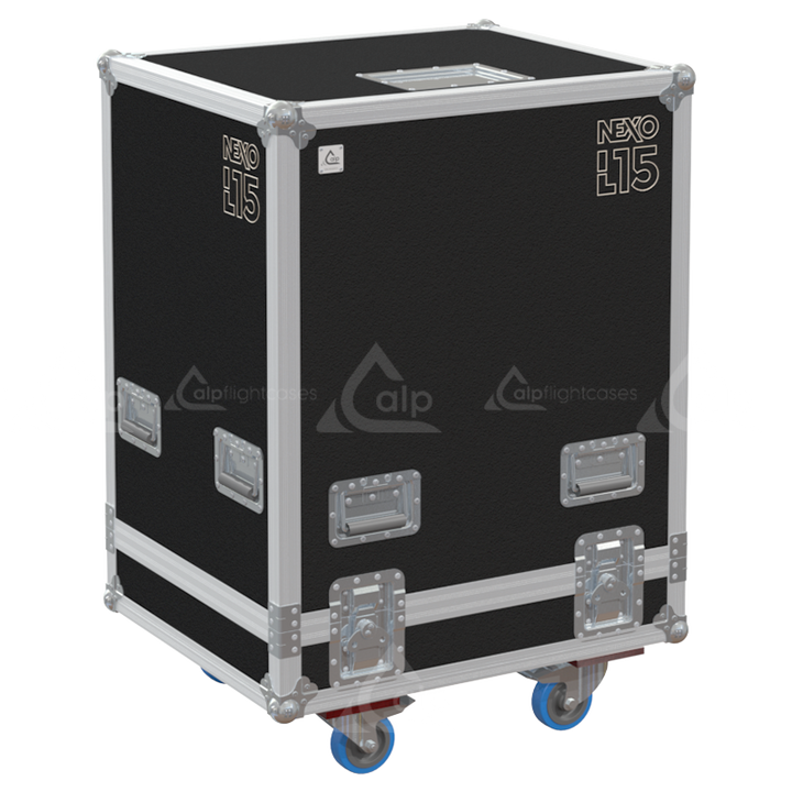 Front view of the professional twin touring flight case for 2x NEXO L15 subwoofers by ALP Flight Cases