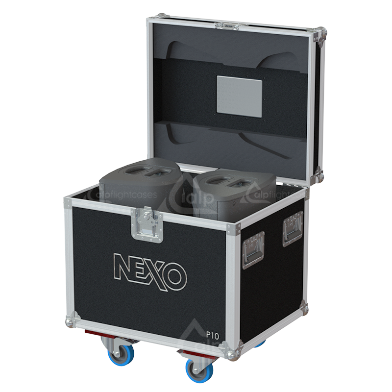 Two NEXO P10 speakers safely secured inside the custom flight case for professional rental and touring