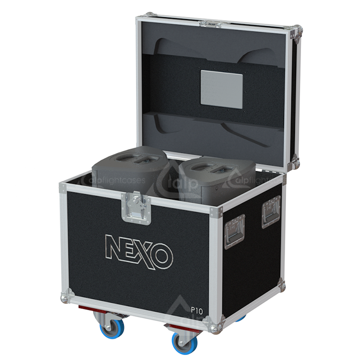 Two NEXO P10 speakers safely secured inside the custom flight case for professional rental and touring