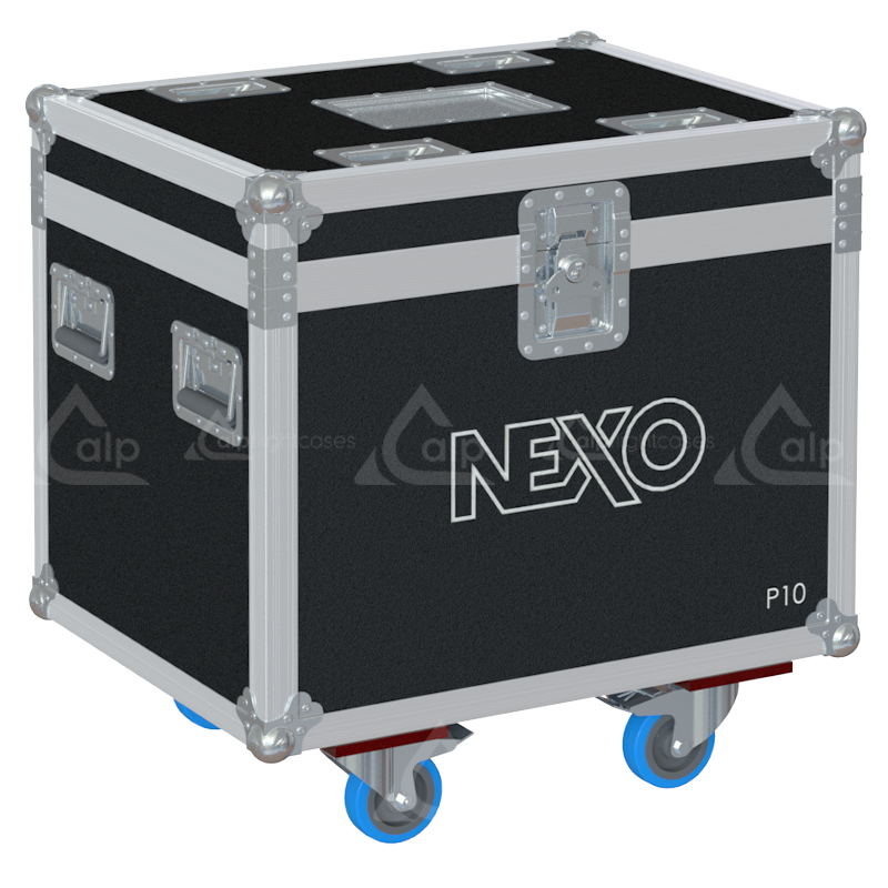 Front view of the professional twin touring flight case for 2x NEXO P10 coaxial speakers by ALP Flight Cases