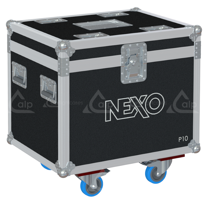 Front view of the professional twin touring flight case for 2x NEXO P10 coaxial speakers by ALP Flight Cases