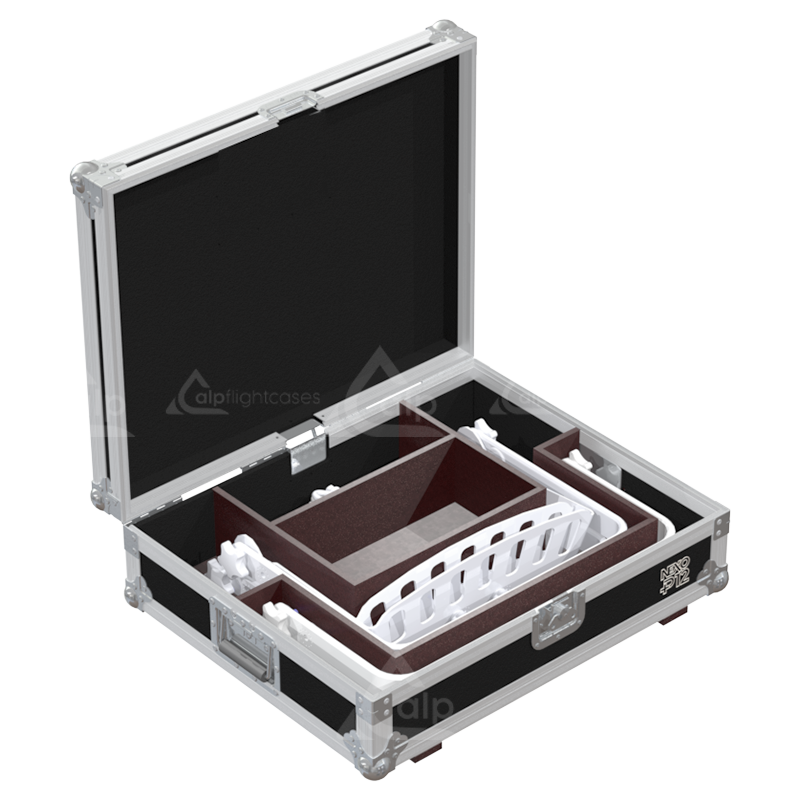 Empty interior of the flight case for 2x NEXO P12 bumpers showing custom CNC-cut foam slots for rigging hardware