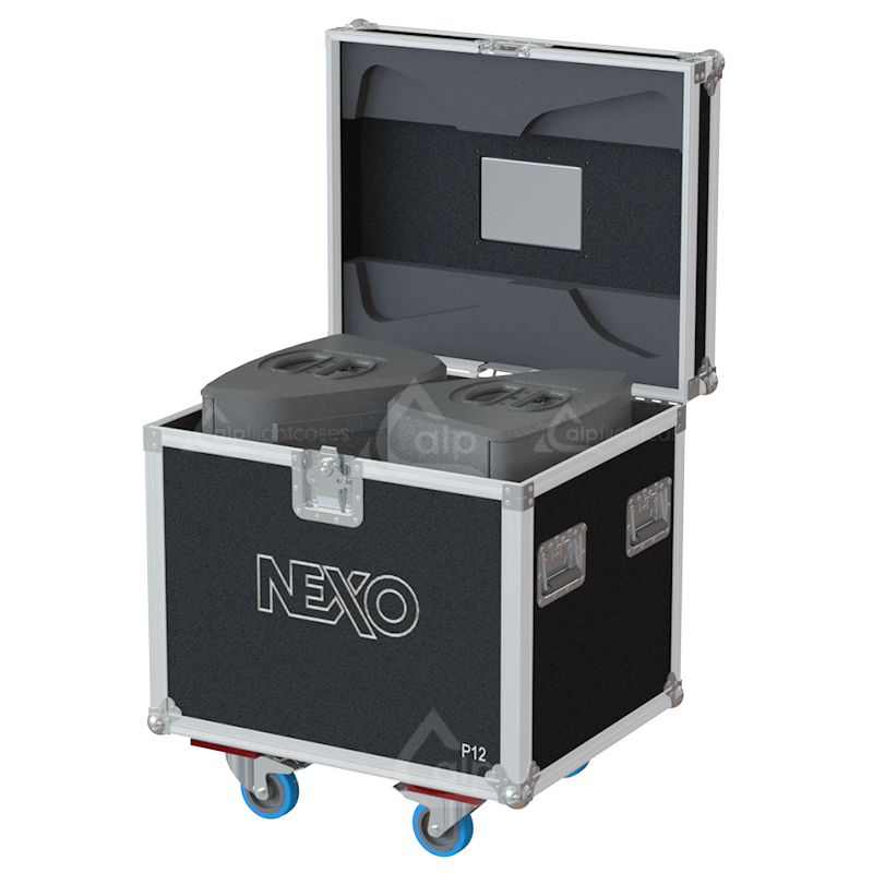 Two NEXO P12 speakers safely secured inside the custom flight case for professional rental and touring