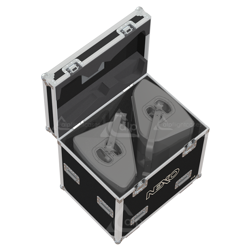 Two NEXO P15 speakers and touring frame safely secured inside the custom flight case for professional rental