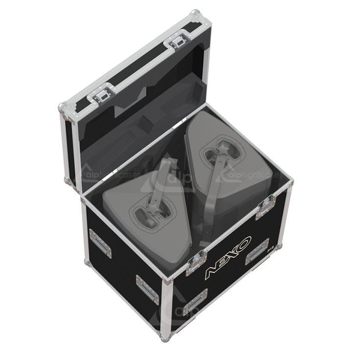 Two NEXO P15 speakers and touring frame safely secured inside the custom flight case for professional rental