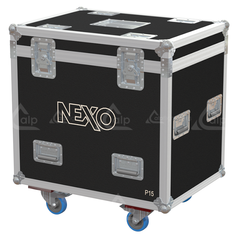 Front view of the professional touring flight case for 2x NEXO P15 speakers and rigging frame by ALP Flight Cases