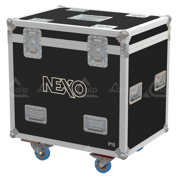 Front view of the professional touring flight case for 2x NEXO P15 speakers and rigging frame by ALP Flight Cases