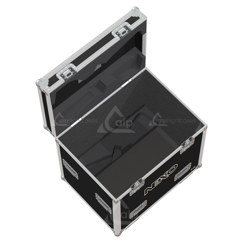 Empty interior of the flight case for 2x NEXO P15 + Frame showing precision CNC foam for speakers and rigging hardware
