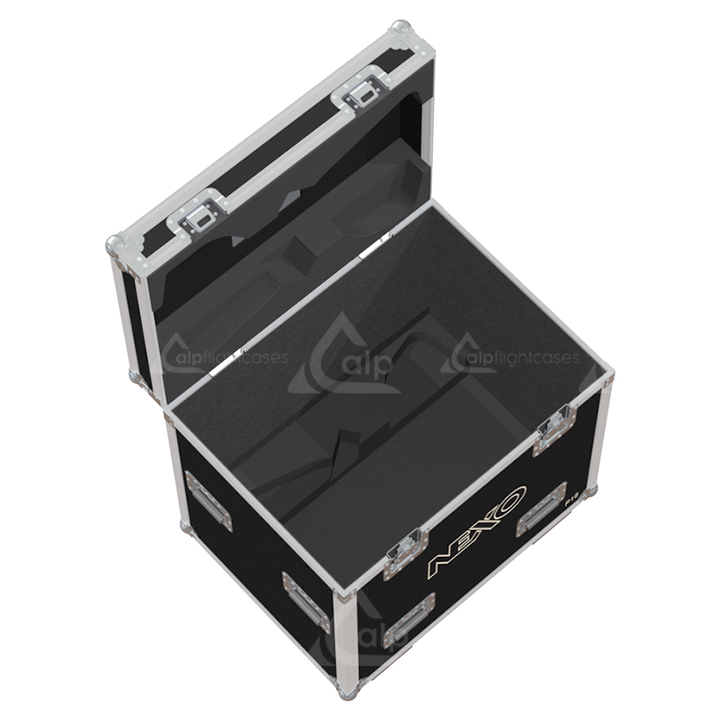 Empty interior of the flight case for 2x NEXO P15 + Frame showing precision CNC foam for speakers and rigging hardware