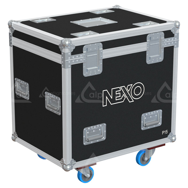Rear view of the road case for NEXO P15 showing heavy-duty hardware and 10mm birch plywood