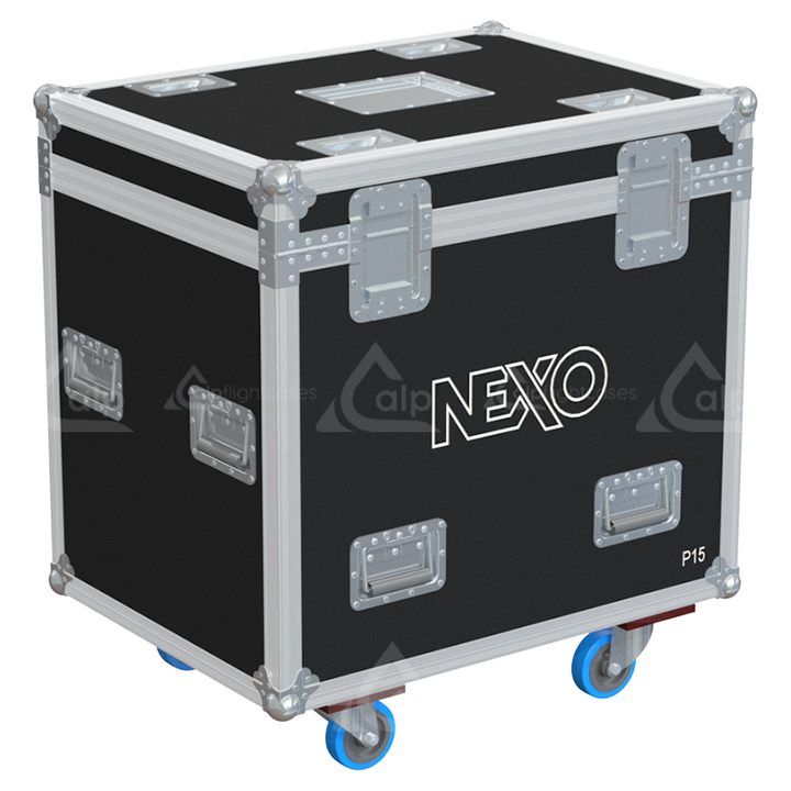 Rear view of the road case for NEXO P15 showing heavy-duty hardware and 10mm birch plywood