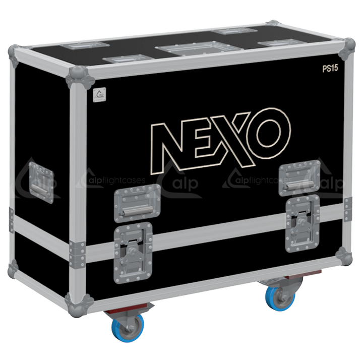 Front view of the professional twin touring flight case for 2x NEXO PS15 R2 speakers by ALP Flight Cases