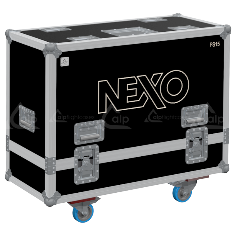 Front view of the professional twin touring flight case for 2x NEXO PS15 R2 speakers by ALP Flight Cases