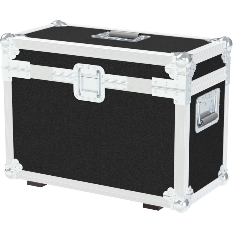 Rear view of the dual laptop flight case showing 10mm birch plywood and reinforced hinges