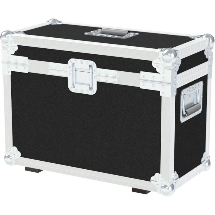 Rear view of the dual laptop flight case showing 10mm birch plywood and reinforced hinges