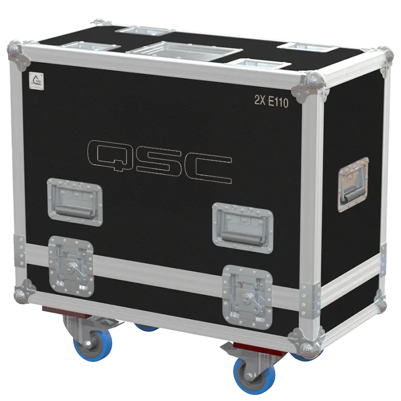Front view of the professional flight case for 2x QSC E110 passive speakers by ALP Flight Cases