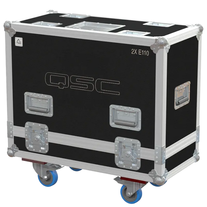 Front view of the professional flight case for 2x QSC E110 passive speakers by ALP Flight Cases