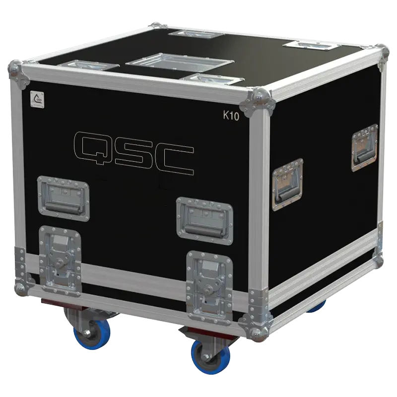 Front view of the professional flight case for 2x QSC K10 powered speakers by ALP Flight Cases