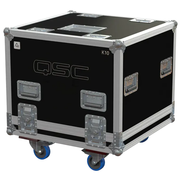 Front view of the professional flight case for 2x QSC K10 powered speakers by ALP Flight Cases