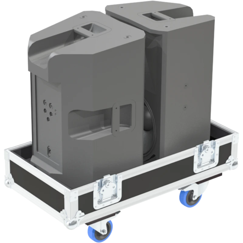 Two QSC K12 active speakers safely secured inside the custom twin flight case for professional rental and touring