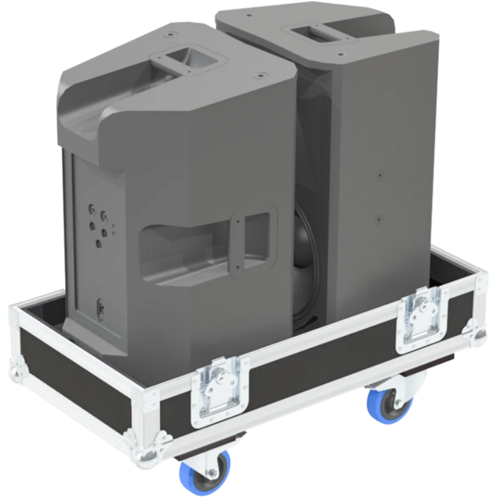 Two QSC K12 active speakers safely secured inside the custom twin flight case for professional rental and touring