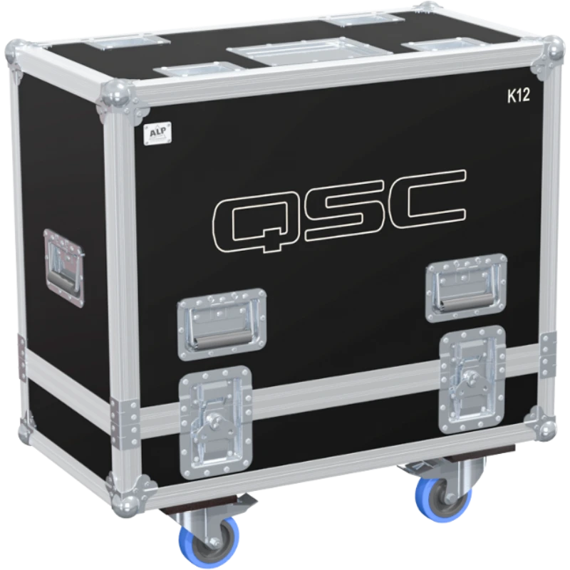 Front view of the professional twin touring flight case for 2x QSC K12 active speakers by ALP Flight Cases