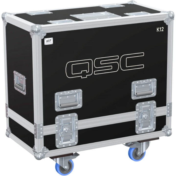 Front view of the professional twin touring flight case for 2x QSC K12 active speakers by ALP Flight Cases